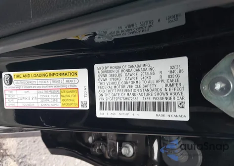 2025 Honda Civic Sport из США, поврежденный, VIN 2HGFE2F57SH572385